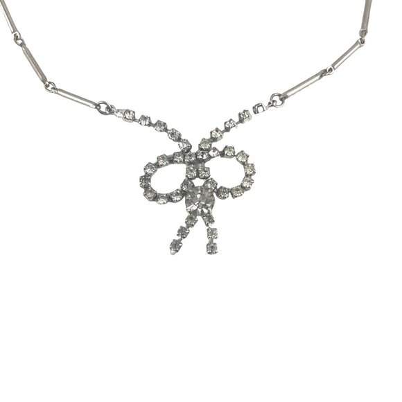 Vintage 1950s Glass Rhinestone Collar Bib Necklace With Bow Retro Style - Picture 5 of 6